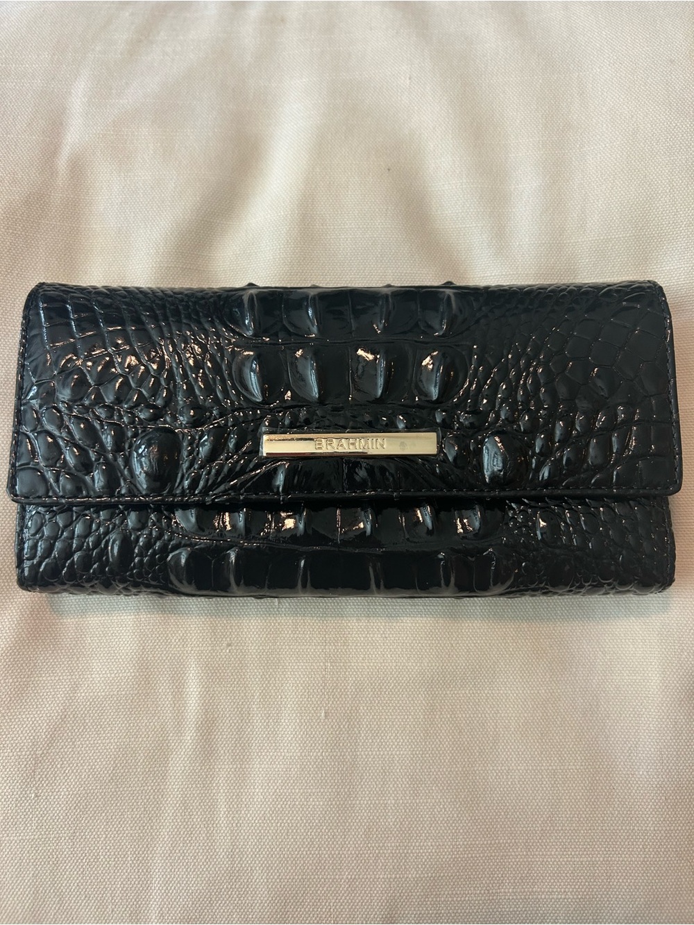 Brahmin Black Croc-Embossed Patent Leather Continental Wallet with Gold Plate
